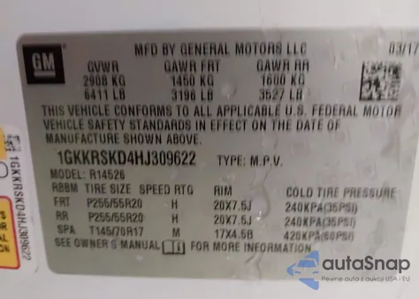 2017 GMC Acadia Limited z USA, uszkodzony, nr VIN 1GKKRSKD4HJ309622